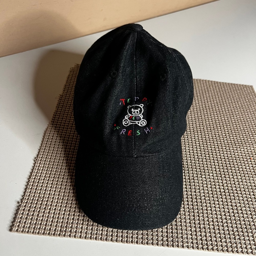Teddy Fresh Black Denim Baseball Hat Bear Logo Embroidered Dad Cap Adjustable